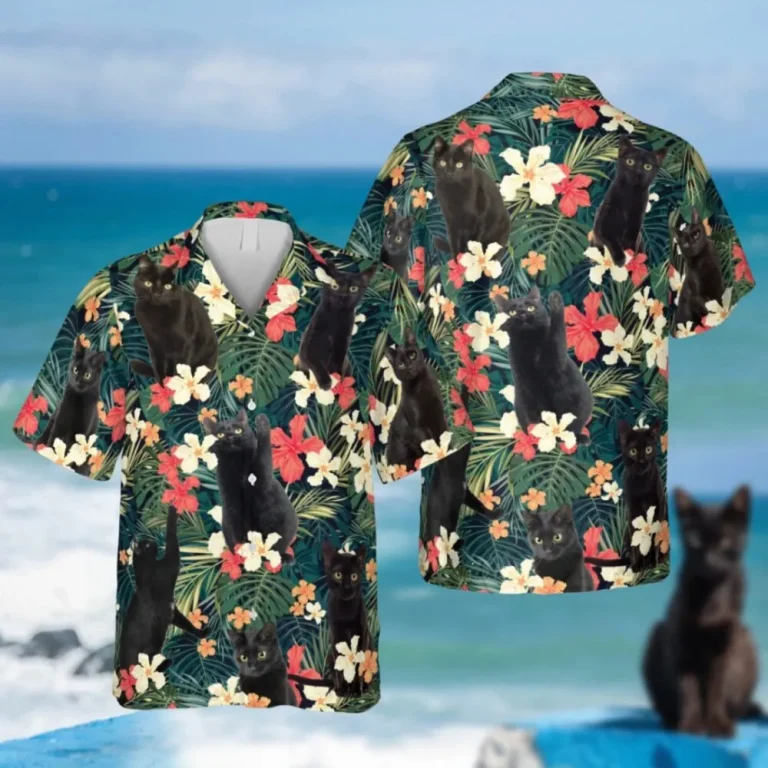 Floral Black Kittens Hawaii Shirt, Beach Apparel, Aloha Shirt For Mens, Womens
