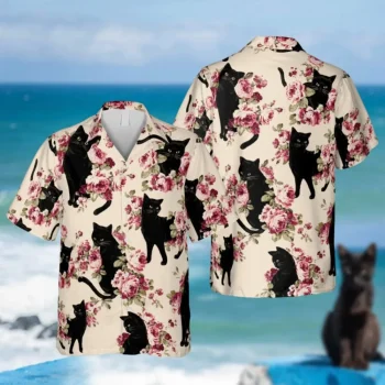 Floral Black Cats Hawaii Shirt, Beach Shirt For Cat Mom, Aloha Shirt For Mens, Womens