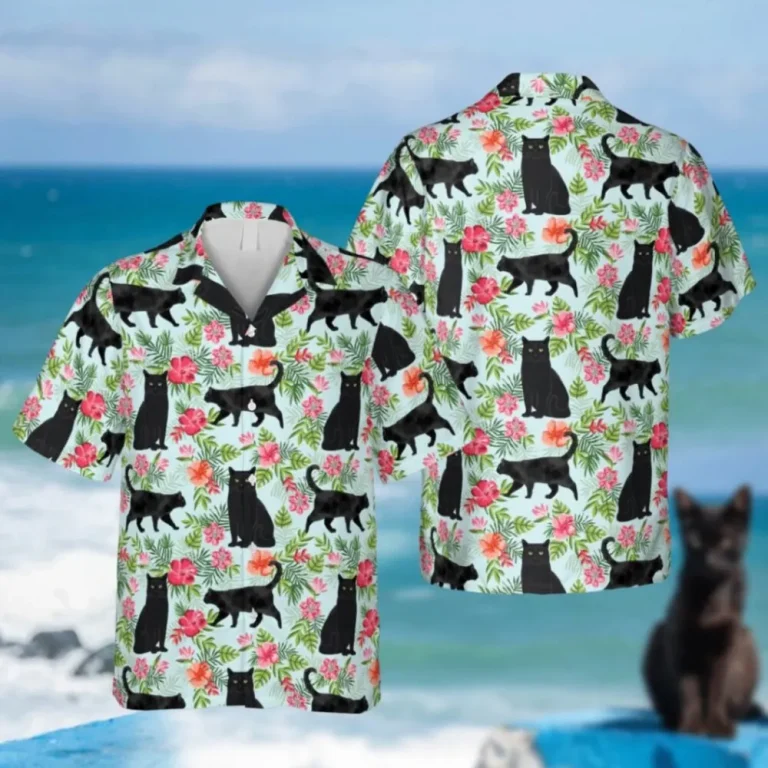 Tropical Flowers Black Cat Hawaiian T-shirt, Mother's Day Gift, Aloha Shirt For Mens, Womens