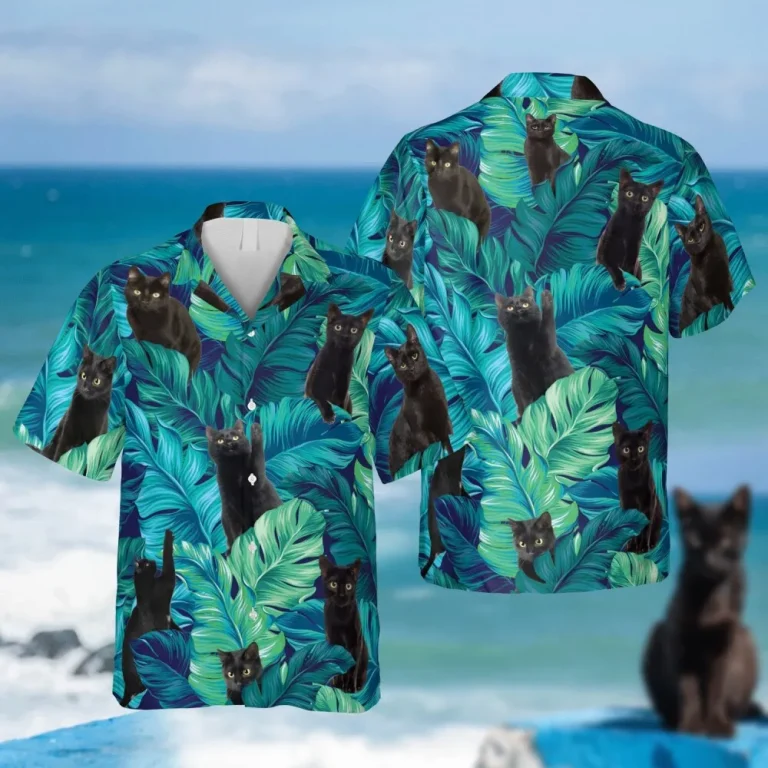 Black Cat Tropical Plants Hawaii Shirt, Kahala Shirts, Aloha Shirt For Mens, Womens