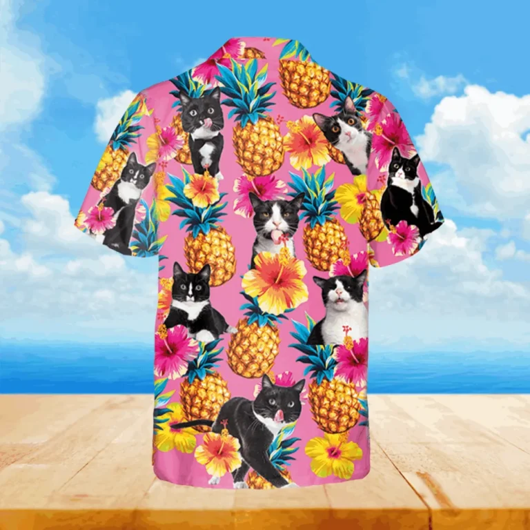 Tuxedo Kitty And Fruits Pink Hawaiian T-shirt, Beach Shirt For Mom, Aloha Shirt For Mens, Womens