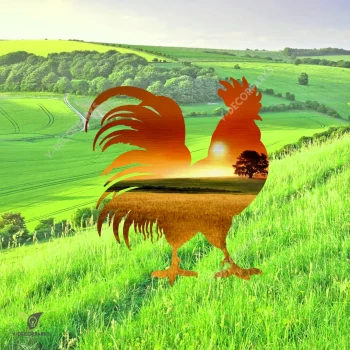Rooster And Surise On Farm Metal Art, Rooster, Chicken Accent For Barn
