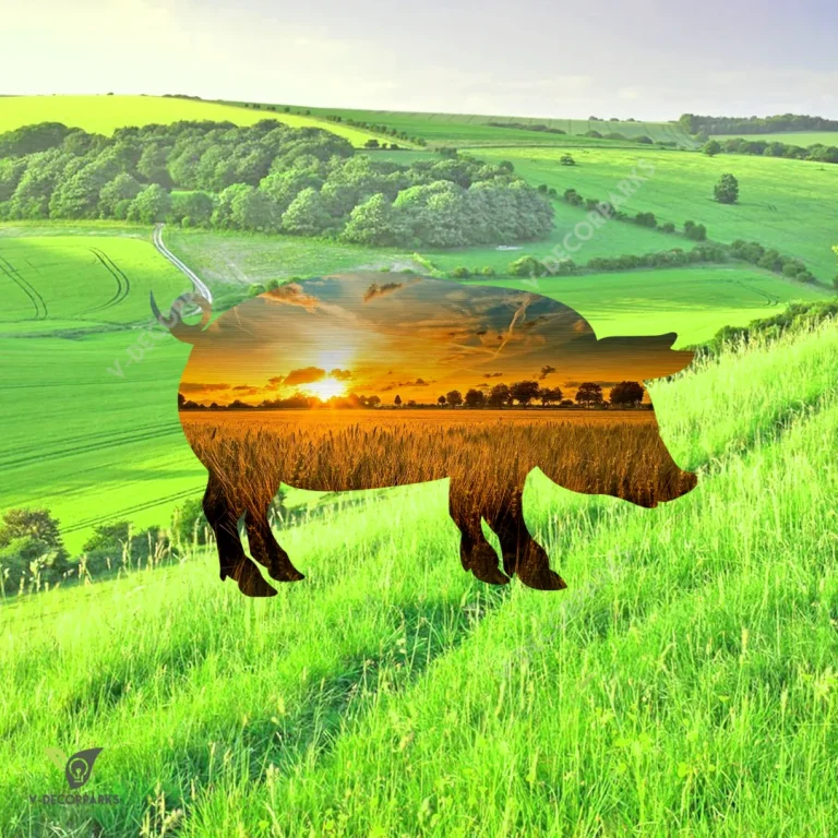 Pig And Sunrise Scene Color Metal Wall Art, Pig Barn Plaque