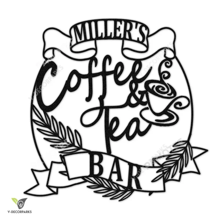 Coffee & Tea Bar Custom Name Wall Art Decor, Cafe Lovers Metal Sign, Black Color