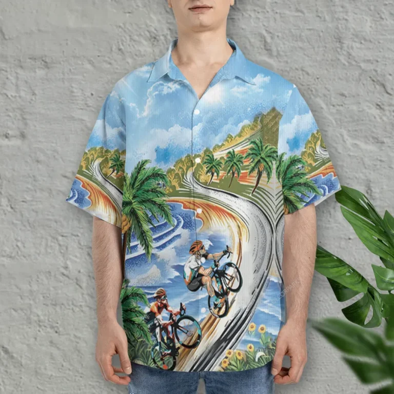 Bicycle Racing Hawaiian Shirt For Men Women, Tropical Cycling Summer Beach Shirts, Mountain Bike Aloha Shirts, Cycling Button Down Short Sleeve Shirts