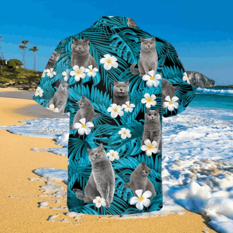 Floral Gray British Shorthaired Cat Hawaii Shirt, Tommy Bahama Hawaiian Shirts, Aloha Shirt For Mens, Womens