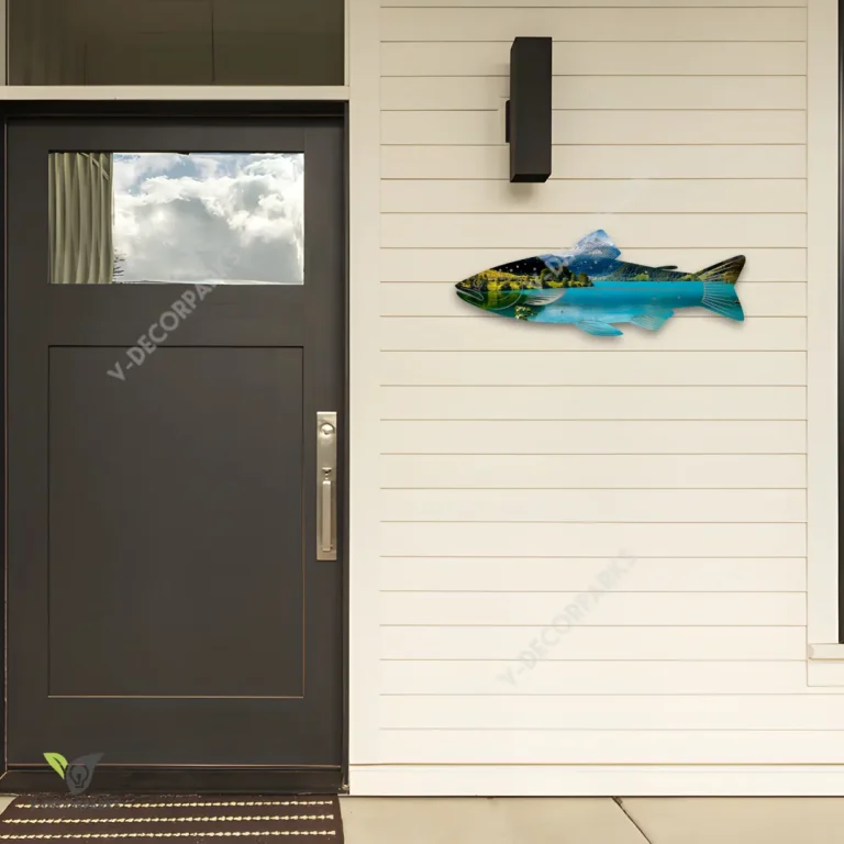 Trout Fish And Nothern Scene Metal Wall Art, Trout Fishing Decorative Artwork For Living Room