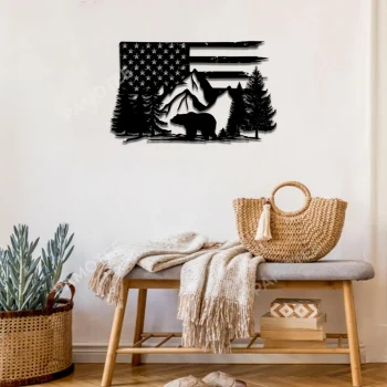 Bear In American Flag Background Metal Sign, Man Cave Large Steel Art