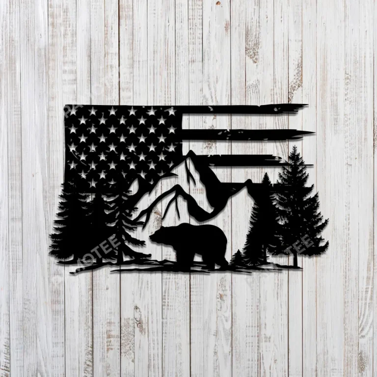 Bear In American Flag Background Metal Sign, Man Cave Large Steel Art