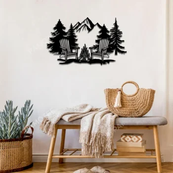 Campfire Mountain Black Metal Art, Camping Wall Hanging