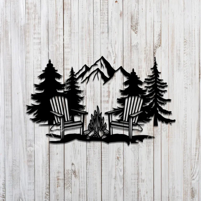 Campfire Mountain Black Metal Art, Camping Wall Hanging