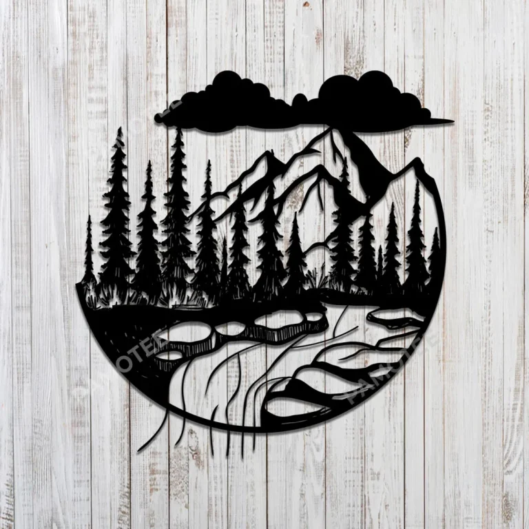 Mountain, Creek Scene Metal Sign Monogram, Camping Lovers Home Decor