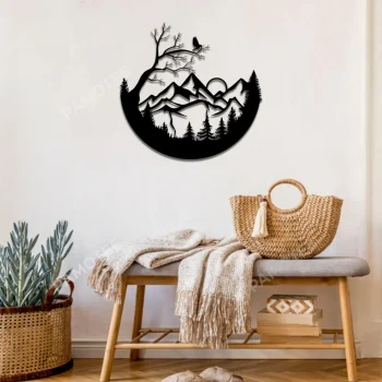 Mountain, Tree, Bird Round Metal Sign, Camping Living Room Decoration