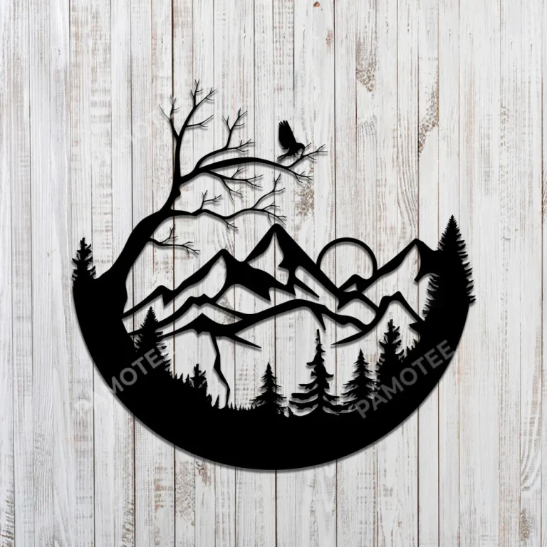 Mountain, Tree, Bird Round Metal Sign, Camping Living Room Decoration