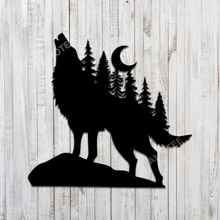 Wolf With Forest On Back Metal Sign, Wolf Stainless Plaque