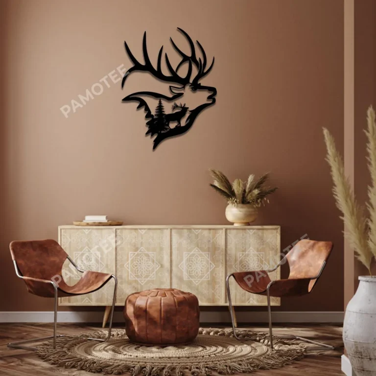 Elk Inside Elk Head Metal Art Monogram, Hunting Gift For Father