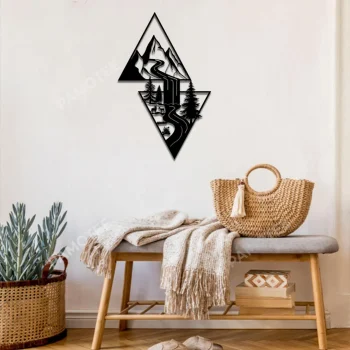 Double Triangle Mountainous Scene Metal Art, Wildlife Wall Hanging