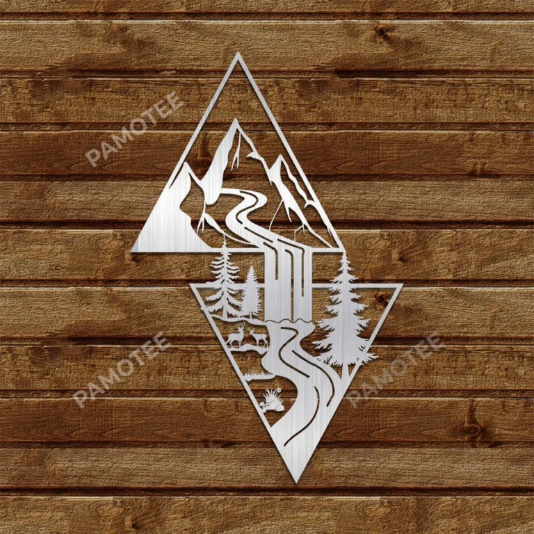 Double Triangle Mountainous Scene Metal Art, Wildlife Wall Hanging