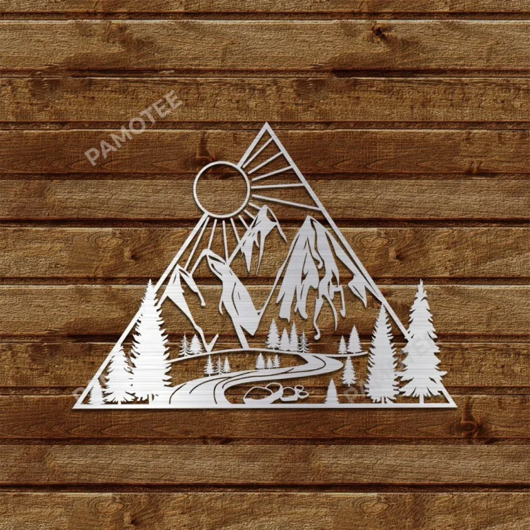 Mountain And Sun Metal Sign, Hiking Lovers Triangle Plaque