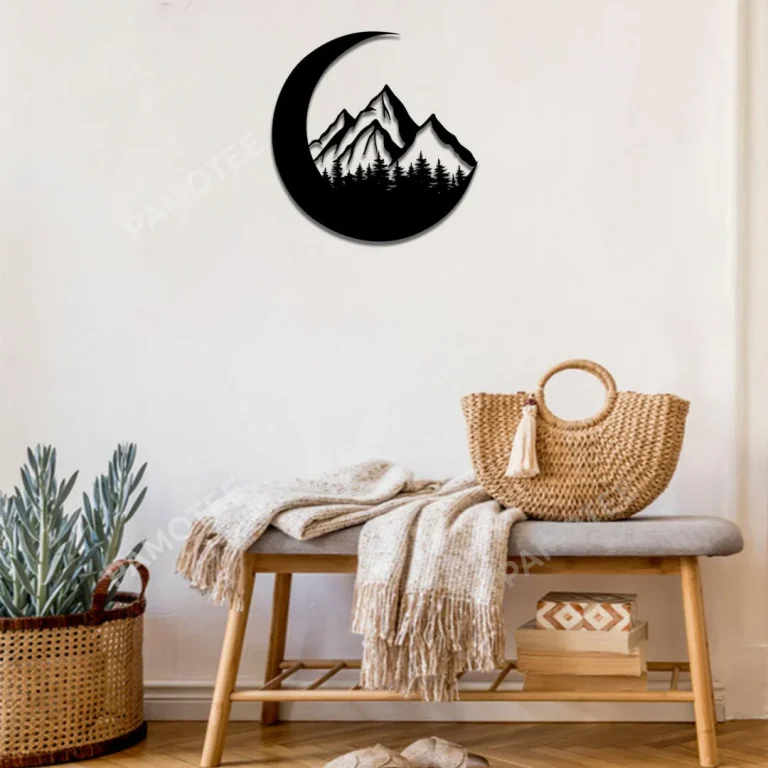 Mountain On Moon Metal Sign, Stainless Moon Wall Hanging For Bedroom