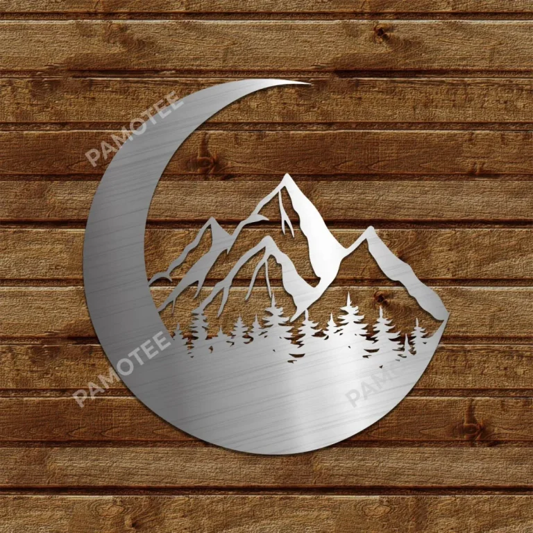 Mountain On Moon Metal Sign, Stainless Moon Wall Hanging For Bedroom