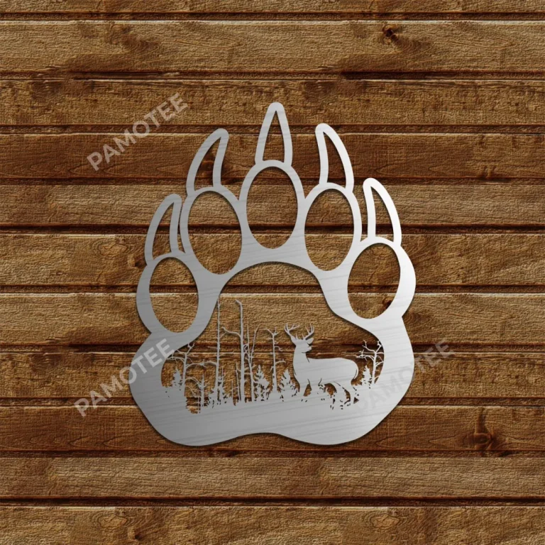 Deer In Bear Footprint Metal Art, Bear Footprint Stainless Plaque