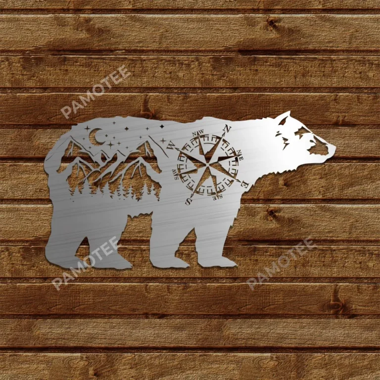 Bear, Mountain And Compass Metal Sign, Hiking, Camping Outdoor Decor