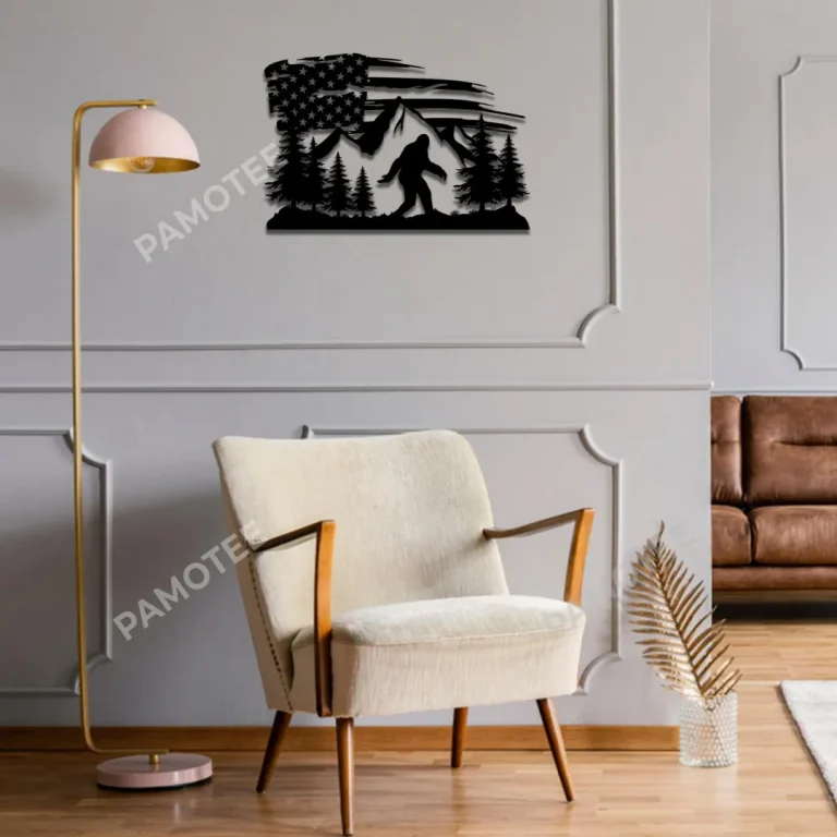 Bigfoot American Flag Metal Art Monogram, Sasquatch Independence Day Home Decor