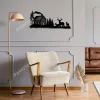 Deers And Cabin Black Metal Art, Log House Wall Decoration