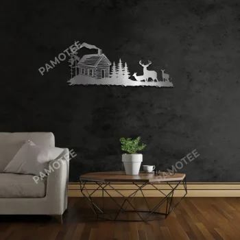 Deers And Cabin Black Metal Art, Log House Wall Decoration