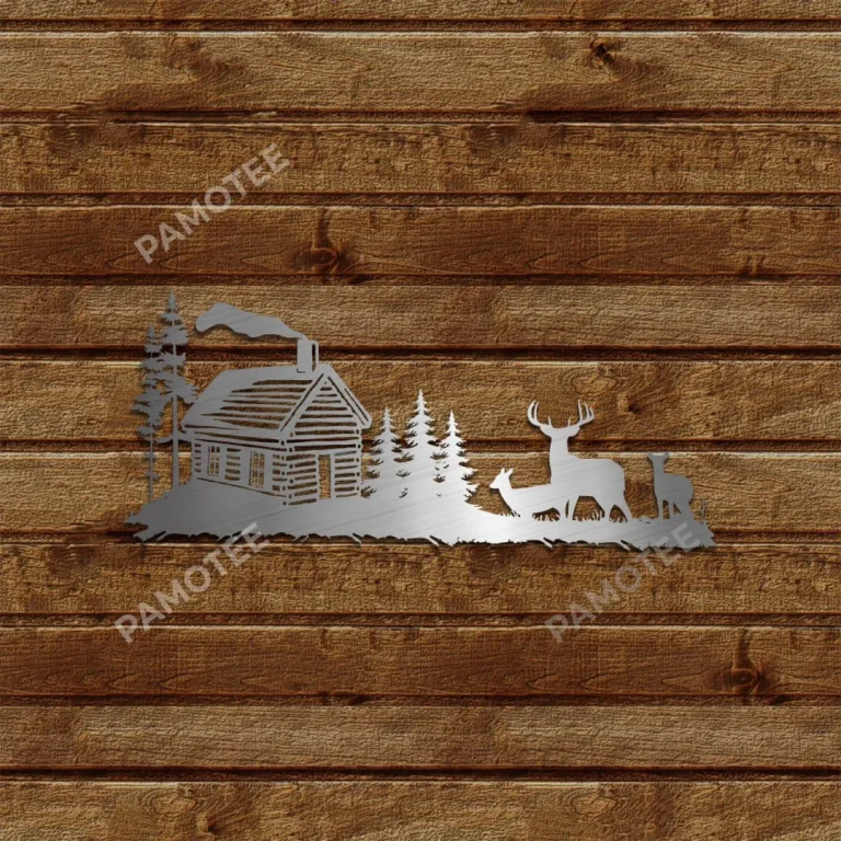 Deers And Cabin Black Metal Art, Log House Wall Decoration