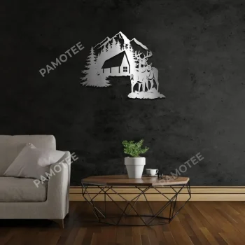 Couple Deer And Lodge Metal Wall Art, Buck And Doe Valentine's Day Gift