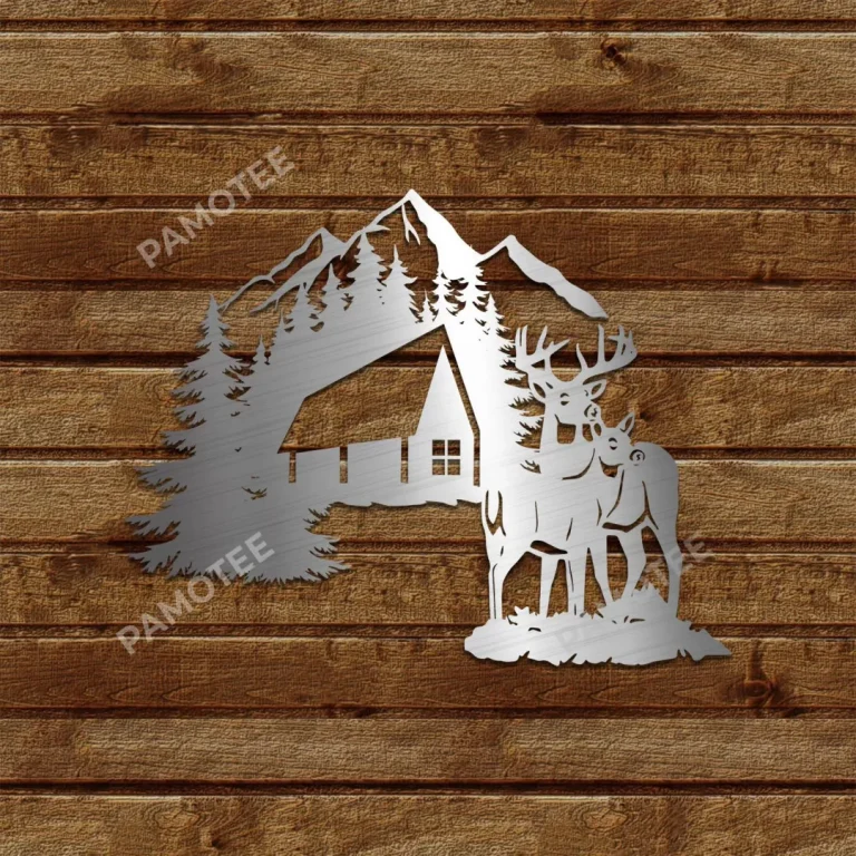 Couple Deer And Lodge Metal Wall Art, Buck And Doe Valentine's Day Gift