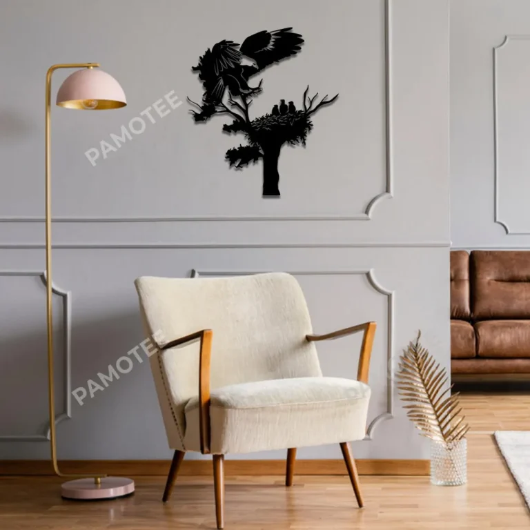Eagle And Chicks On Tree Branch Cut Metal Sign, Eagle Nest Stainless Wall Decor