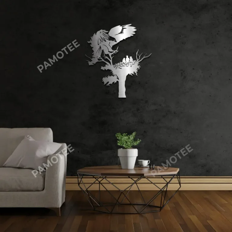 Eagle And Chicks On Tree Branch Cut Metal Sign, Eagle Nest Stainless Wall Decor