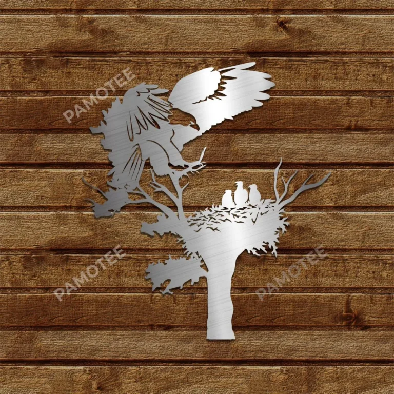 Eagle And Chicks On Tree Branch Cut Metal Sign, Eagle Nest Stainless Wall Decor