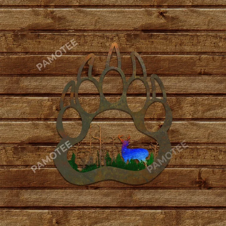 Deer In Bear Footprint Metal Sign, Gift For Hunter Husband