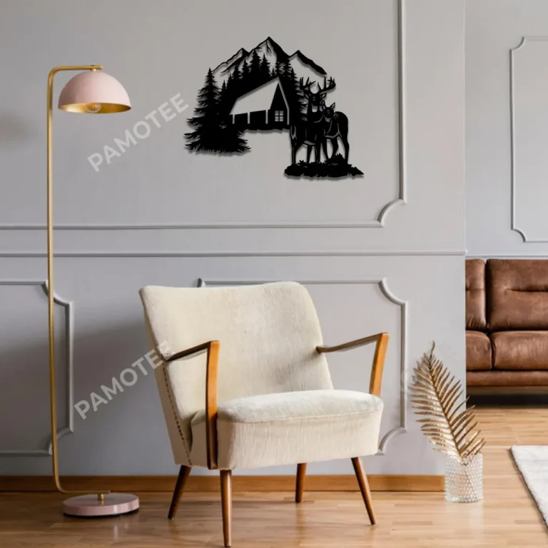 Couple Deer And Lodge Metal Wall Art, Buck And Doe Valentine's Day Gift