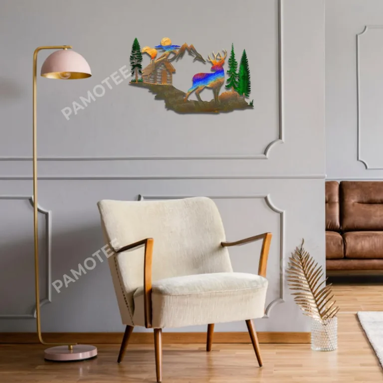 Deer And Log House Colorful Metal Art, Vintage Wall Hanging For Him