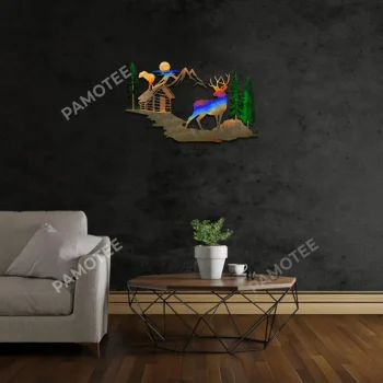 Deer And Log House Colorful Metal Art, Vintage Wall Hanging For Him