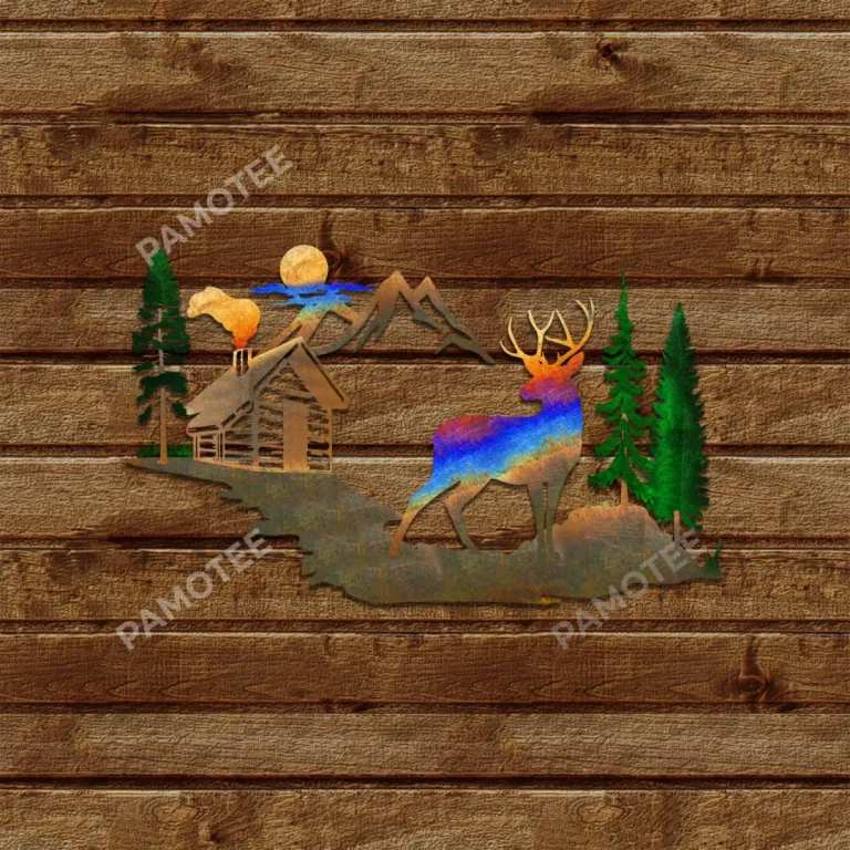 Deer And Log House Colorful Metal Art, Vintage Wall Hanging For Him
