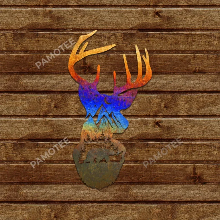 Bear And Mountain In Deer Head Color Metal Art, Deer Gift For Dad