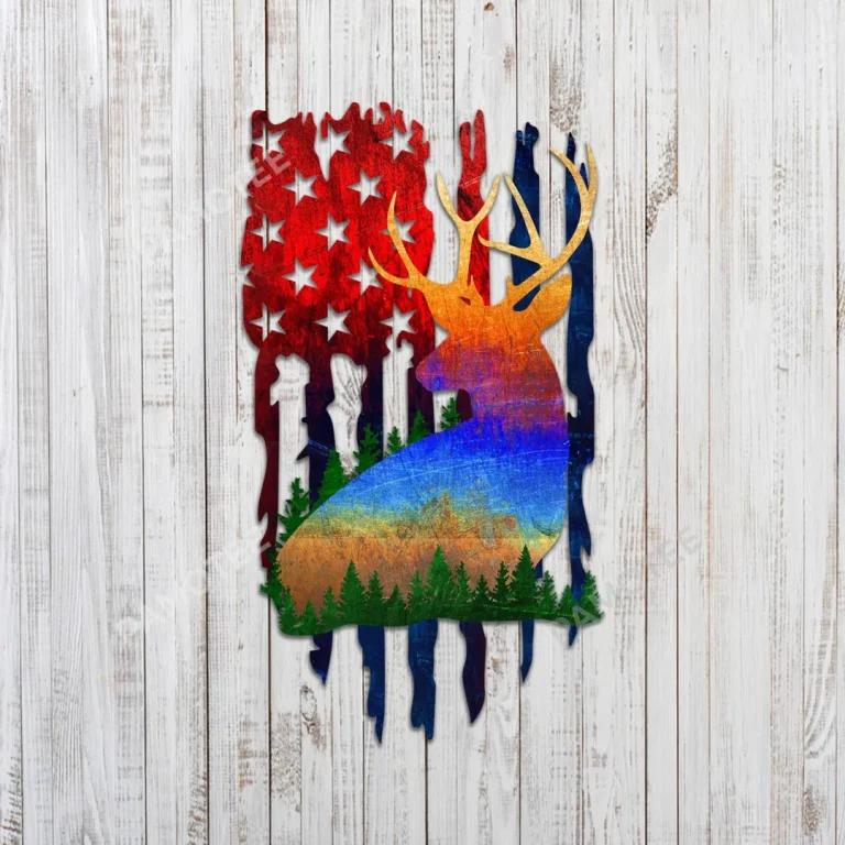 Deer And United States Flag Color Metal Art, Weatherproof Man Cave Artwork