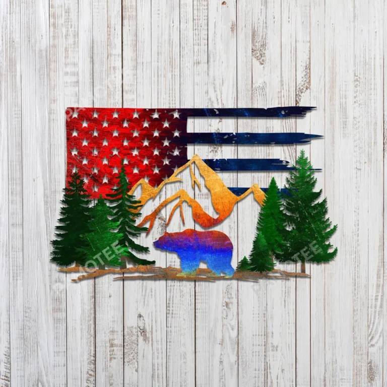 Colorful Bear Us Flag Metal Art, Independence Day Iron Artwork