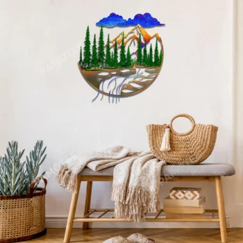 Colored Mountainous Scene Metal Art, Creek, Campers Metallic Wall Hanging