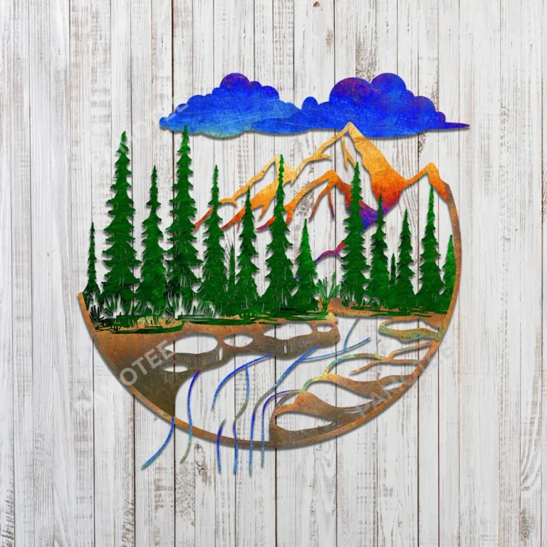 Colored Mountainous Scene Metal Art, Creek, Campers Metallic Wall Hanging