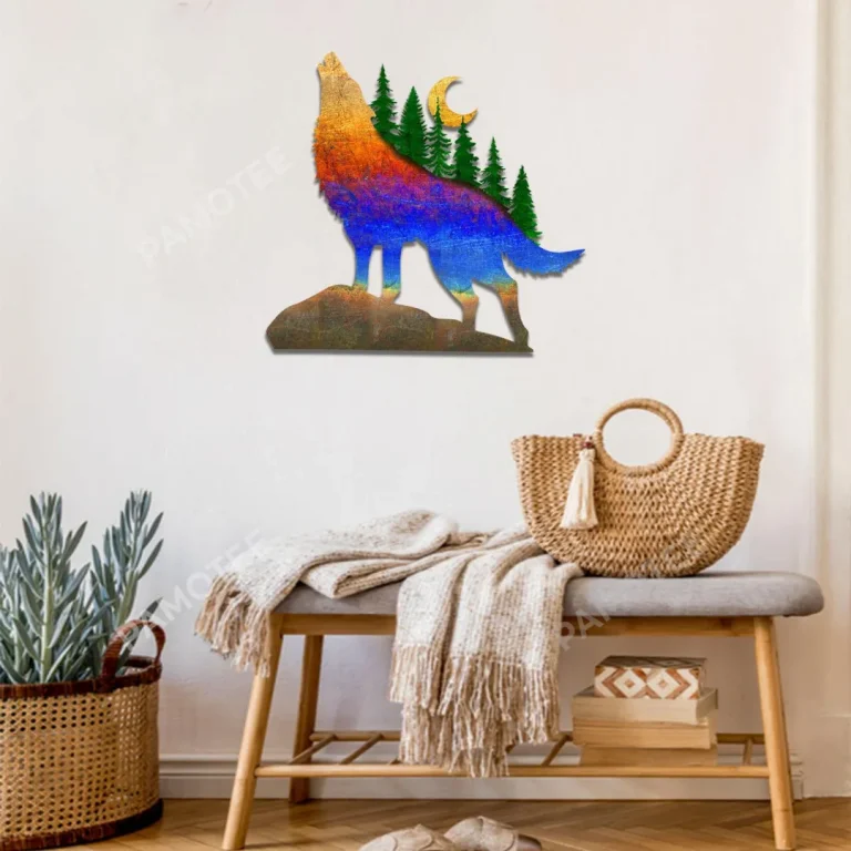 Howling Wolf Colorful Metal Wall Art, Wolf Weatherproof Decor