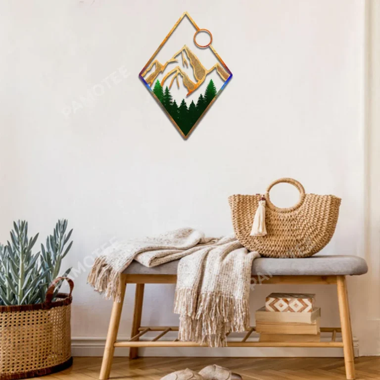 Mountainous Scene And Sun Color Metal Art, Evergreen Camping Plaque
