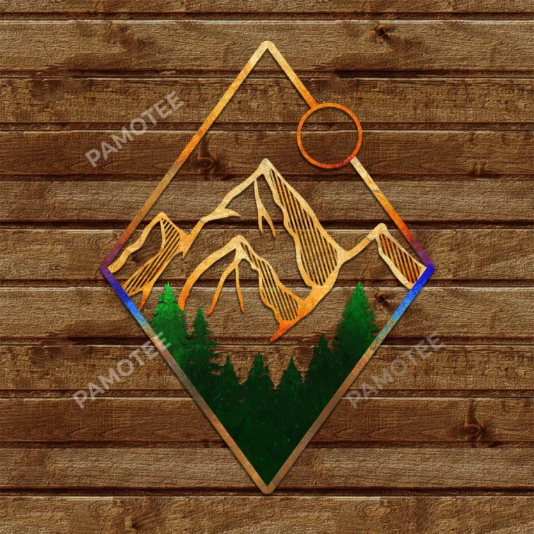 Mountainous Scene And Sun Color Metal Art, Evergreen Camping Plaque
