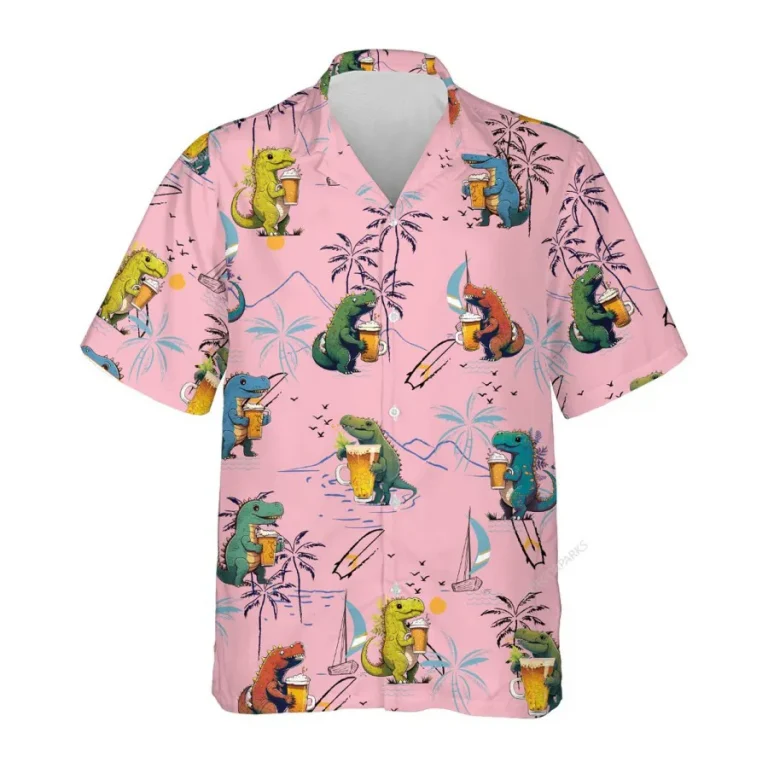 Cute Dinosaur Drinking Beer Hawaiian Shirts For Men Women, Dinosaur Summer Beach Shirts, Tropical Button Down Short Sleeve Shirt, Summer Aloha Shirt